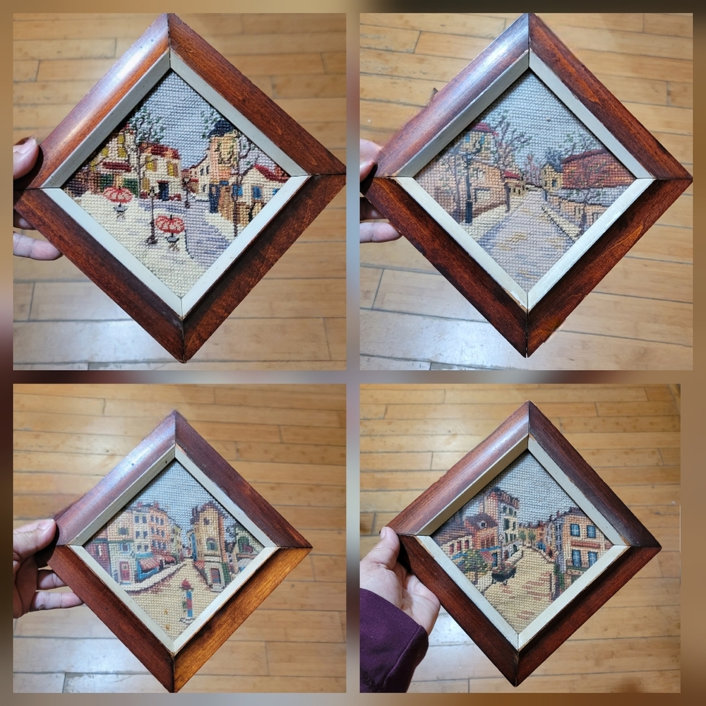 Vintage Set of 4 Framed Needlepoint Street Scenes Possibly European